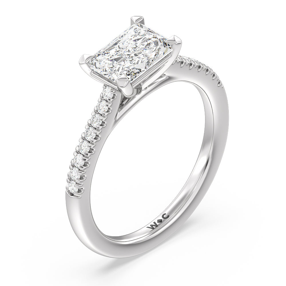 Pave Cathedral Shank East-West Engagement Ring with Radiant Cut Diamond in 14KT Platinum view 3
