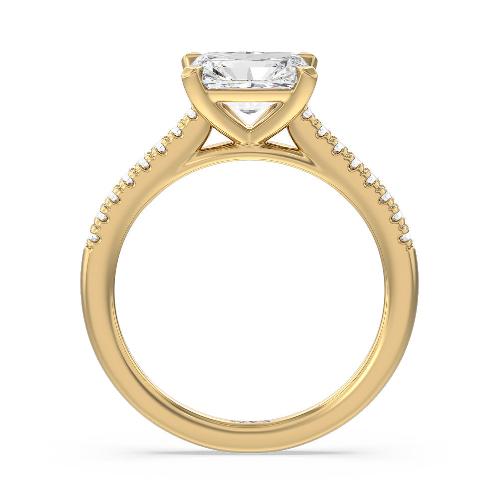 Pave Cathedral Shank East-West Engagement Ring with Radiant Cut Diamond in 14KT Yellow Gold view 2

