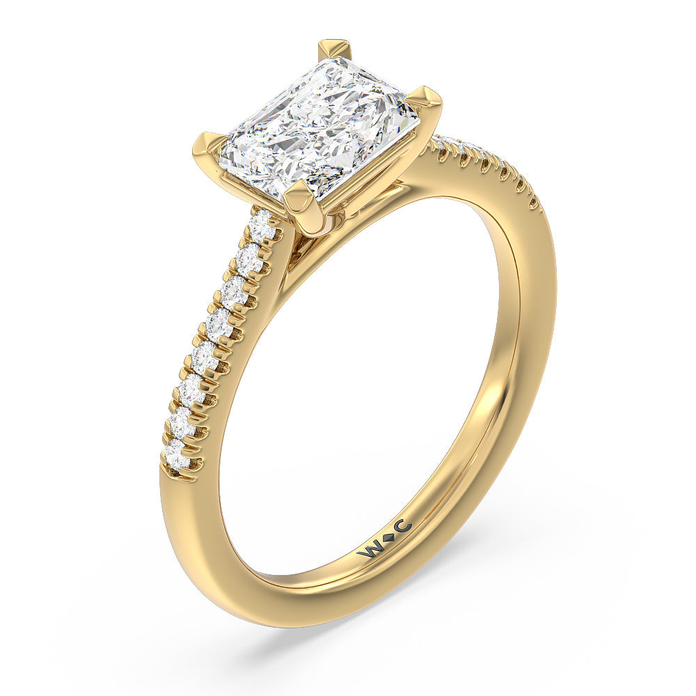 Pave Cathedral Shank East-West Engagement Ring with Radiant Cut Diamond in 14KT Yellow Gold view 3
