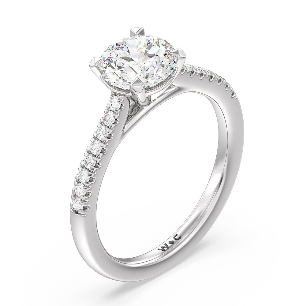 Pave Cathedral Shank East-West Engagement Ring with Round Cut Diamond in 14KT Platinum view 3
