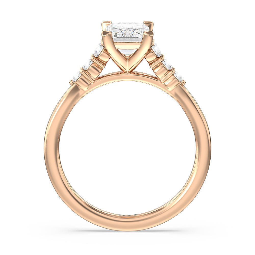 Tapered Classic Diamond Engagement Ring with Emerald Cut Diamond in 14KT Rose Gold view 2
