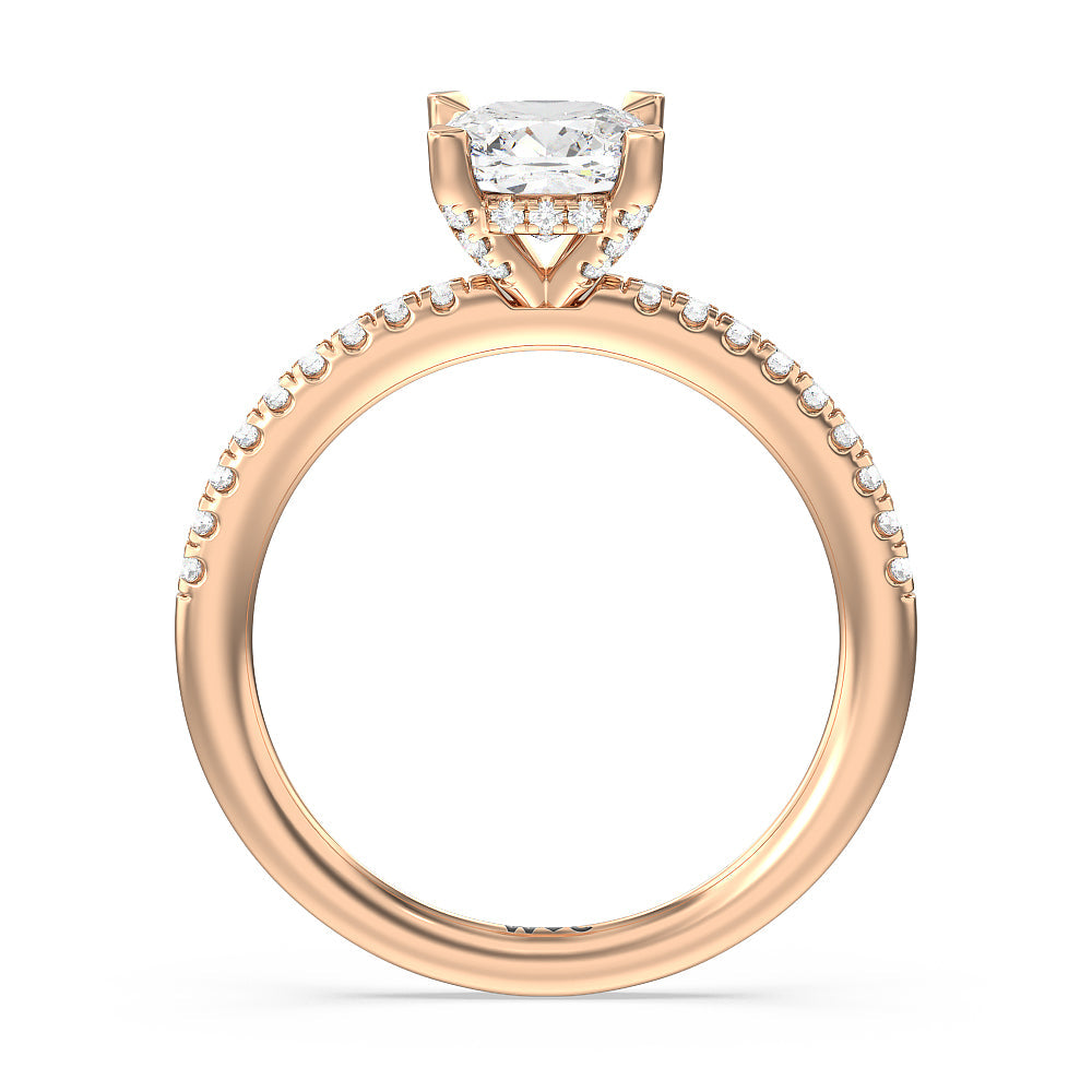 Studded Prong Hidden Halo Pave Shank Engagement Ring with Cushion Cut Diamond in 14KT Rose Gold view 2
