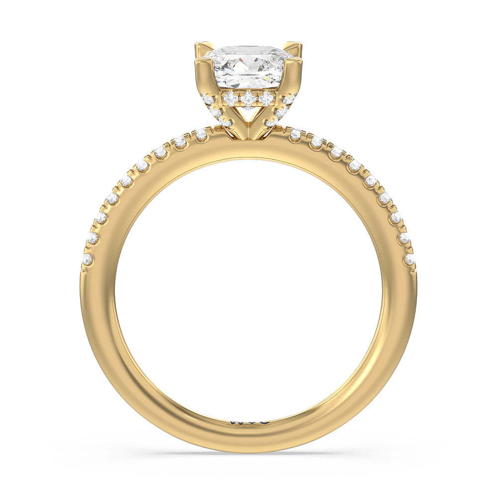Studded Prong Hidden Halo Pave Shank Engagement Ring with Cushion Cut Diamond in 14KT Yellow Gold view 2
