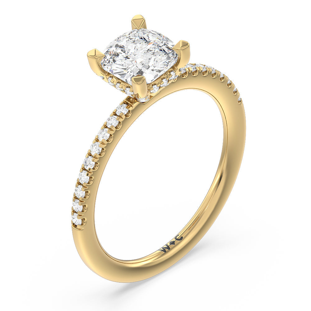 Studded Prong Hidden Halo Pave Shank Engagement Ring with Cushion Cut Diamond in 14KT Yellow Gold view 3

