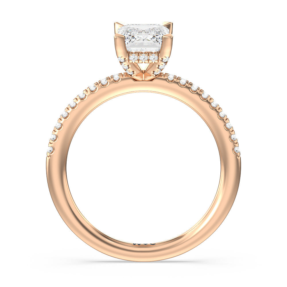 Studded Prong Hidden Halo Pave Shank Engagement Ring with Emerald Cut Diamond in 14KT Rose Gold view 2
