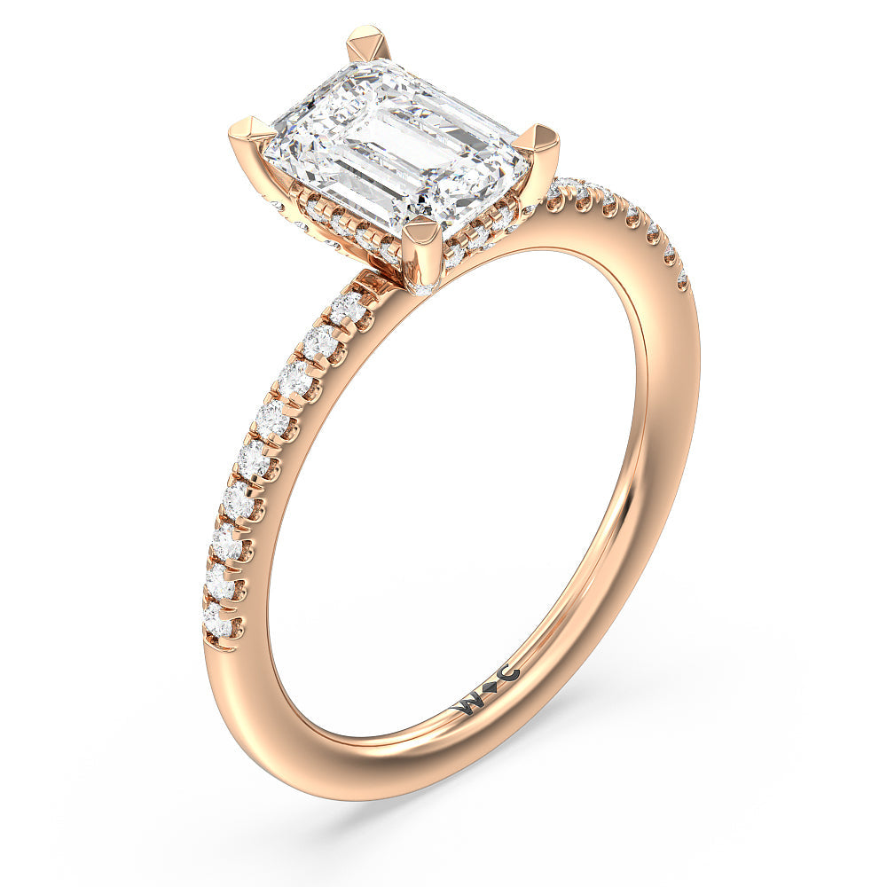 Studded Prong Hidden Halo Pave Shank Engagement Ring with Emerald Cut Diamond in 14KT Rose Gold view 3
