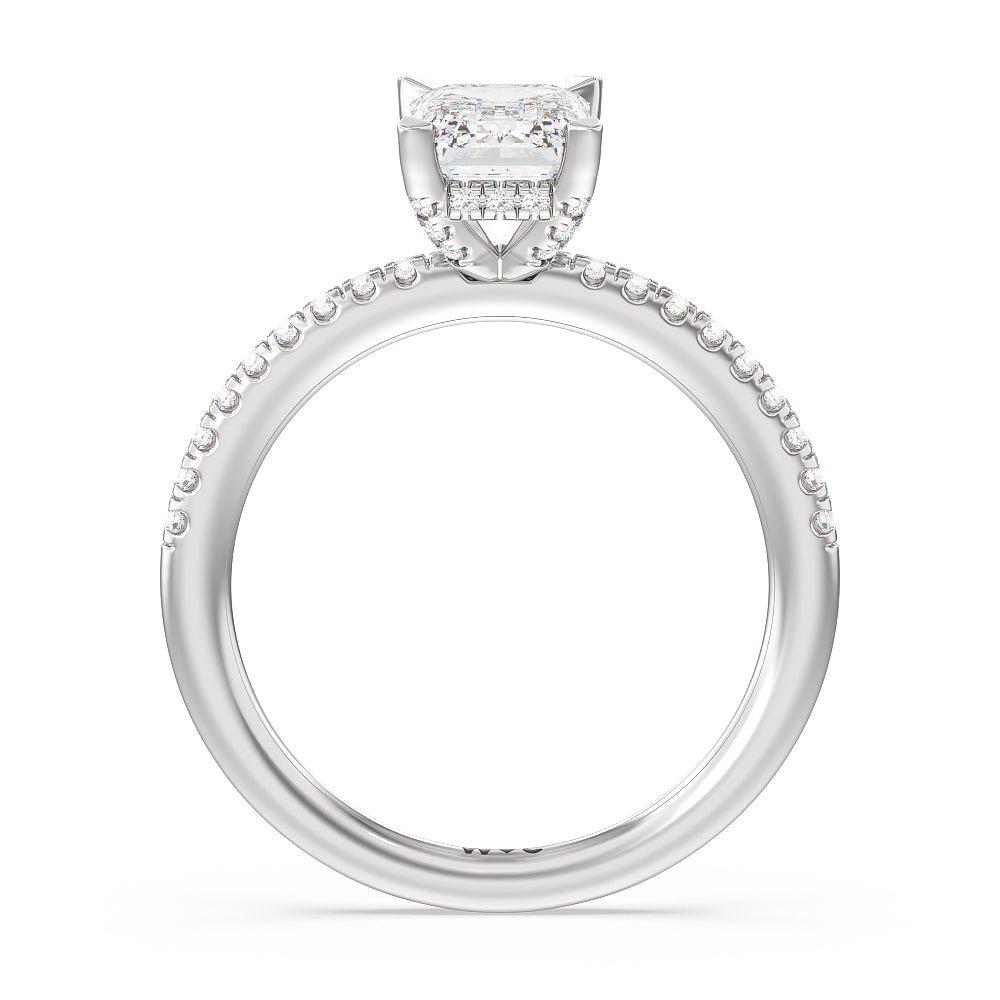 Studded Prong Hidden Halo Pave Shank Engagement Ring with Emerald Cut Diamond in 14KT Platinum view 2
