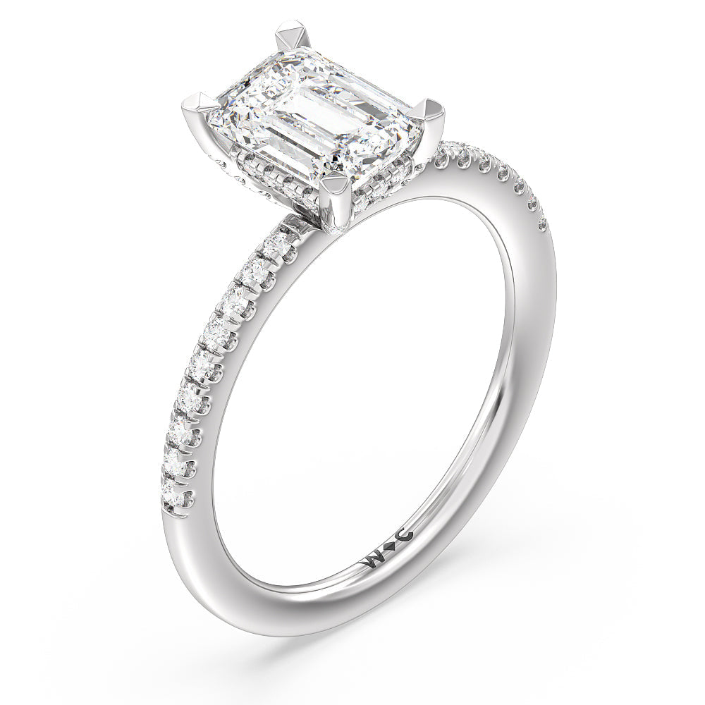 Studded Prong Hidden Halo Pave Shank Engagement Ring with Emerald Cut Diamond in 14KT Platinum view 3
