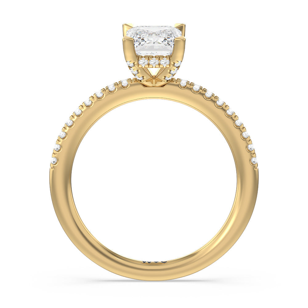 Studded Prong Hidden Halo Pave Shank Engagement Ring with Emerald Cut Diamond in 14KT Yellow Gold view 2
