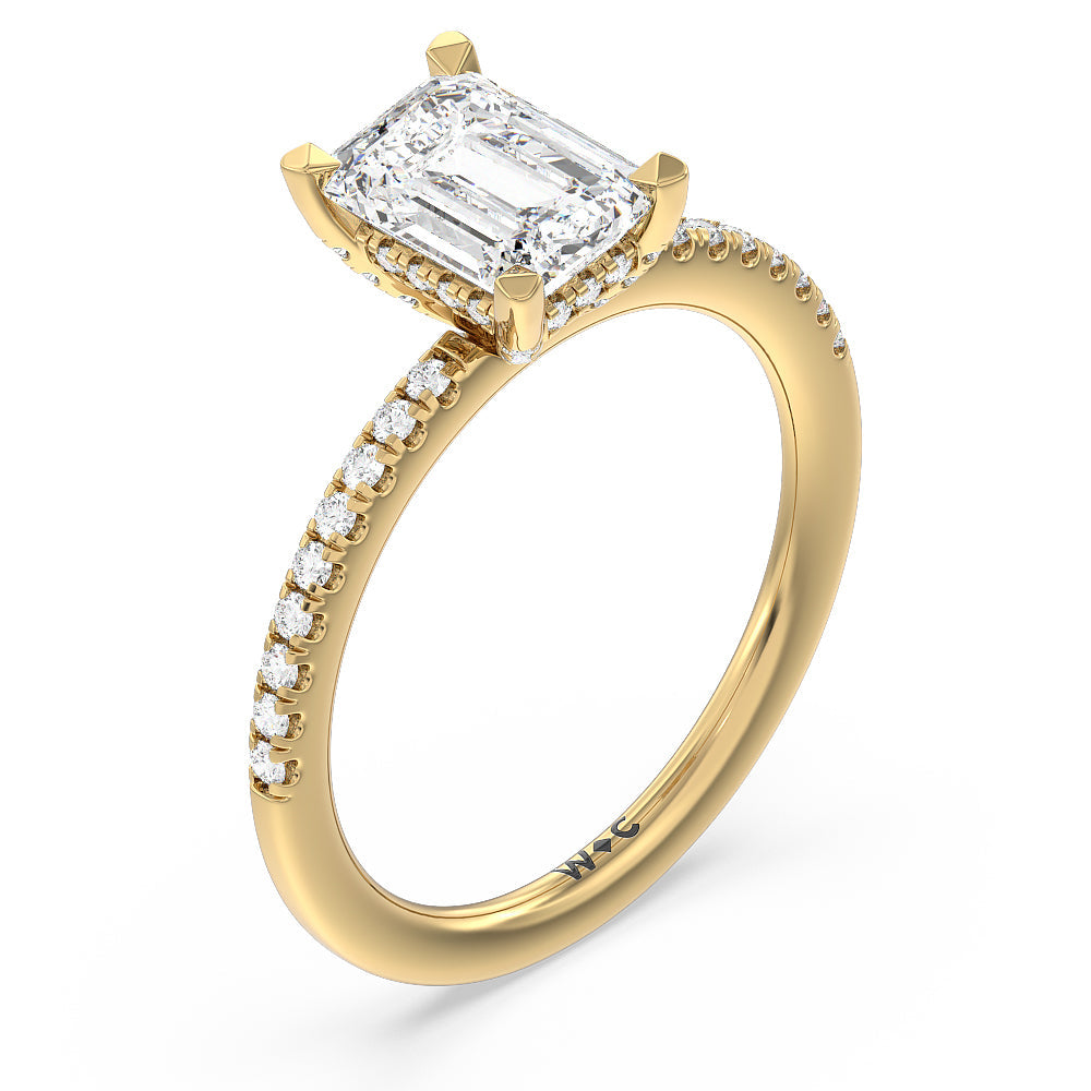 Studded Prong Hidden Halo Pave Shank Engagement Ring with Emerald Cut Diamond in 14KT Yellow Gold view 3
