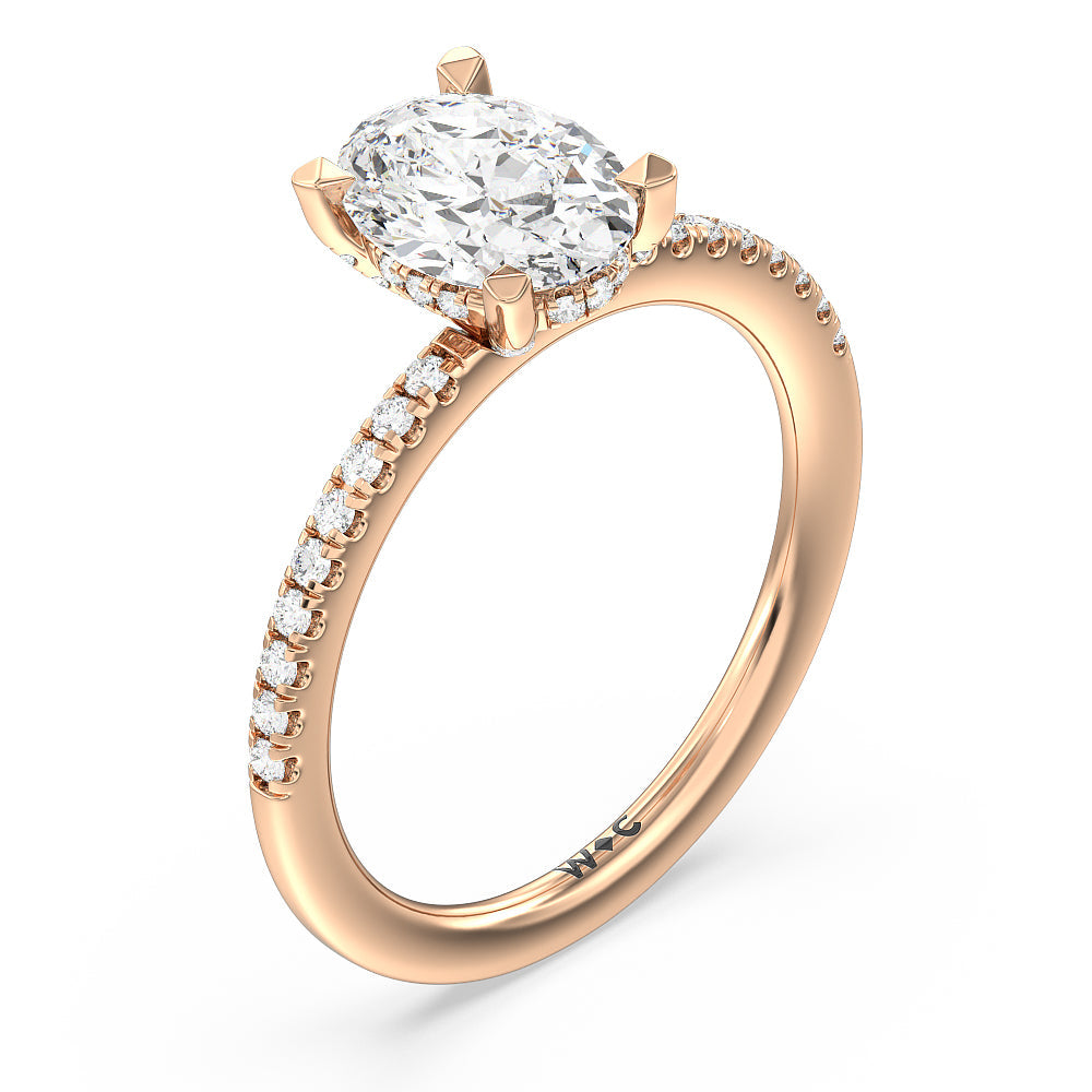 Studded Prong Hidden Halo Pave Shank Engagement Ring with Oval Cut Diamond in 14KT Rose Gold view 3
