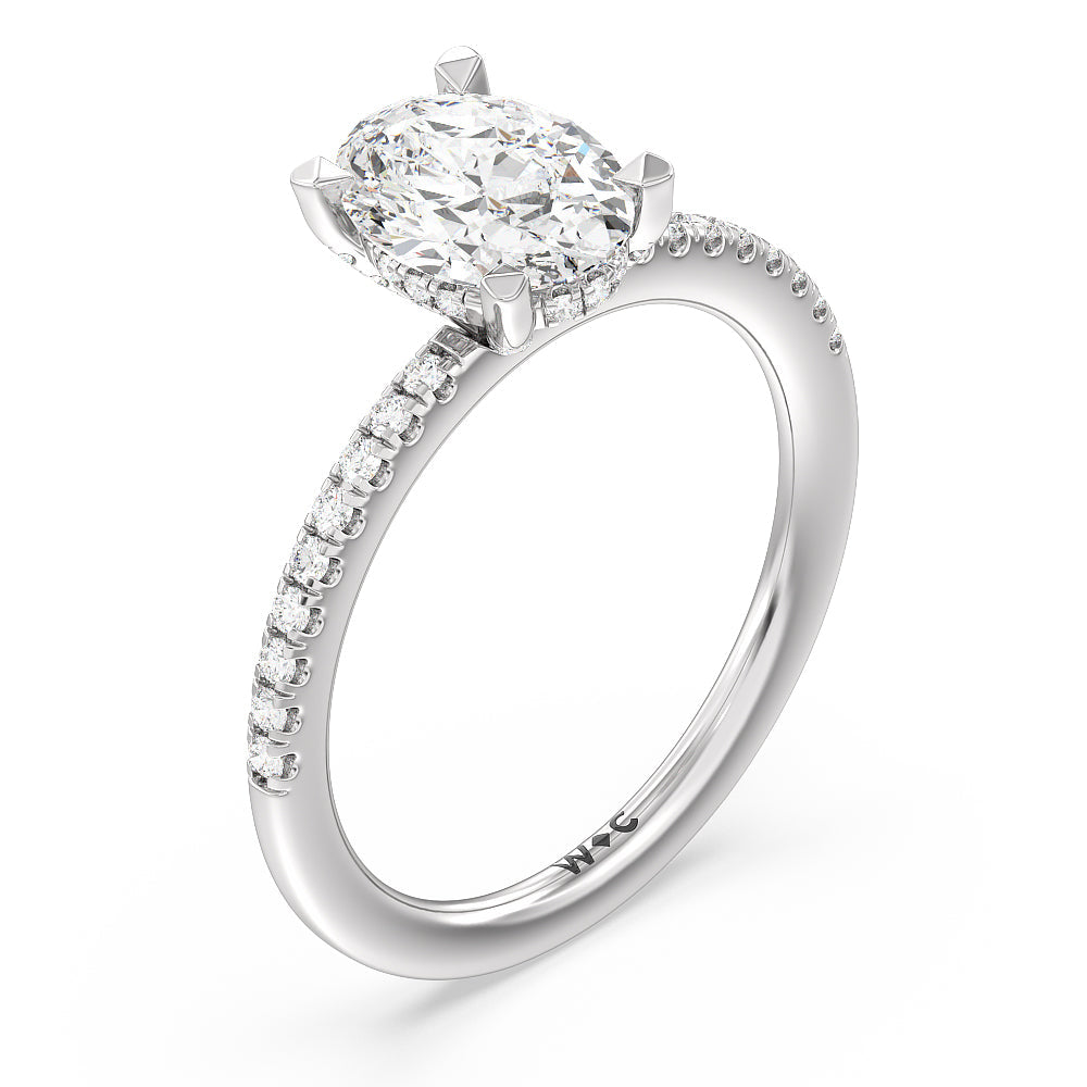 Studded Prong Hidden Halo Pave Shank Engagement Ring with Oval Cut Diamond in 14KT Platinum view 3
