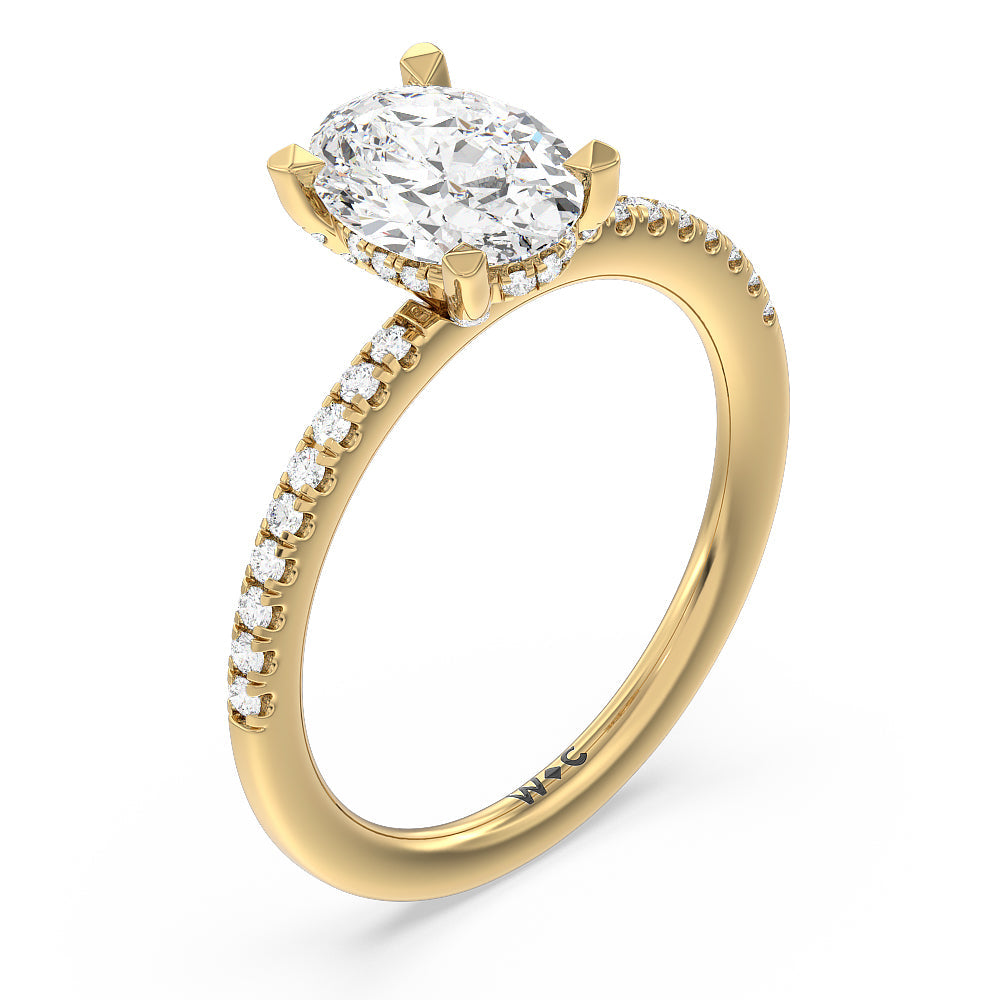 Studded Prong Hidden Halo Pave Shank Engagement Ring with Oval Cut Diamond in 14KT Yellow Gold view 3
