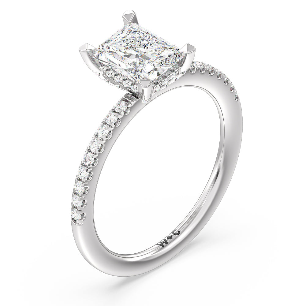 Studded Prong Hidden Halo Pave Shank Engagement Ring with Radiant Cut Diamond in 14KT Platinum view 3
