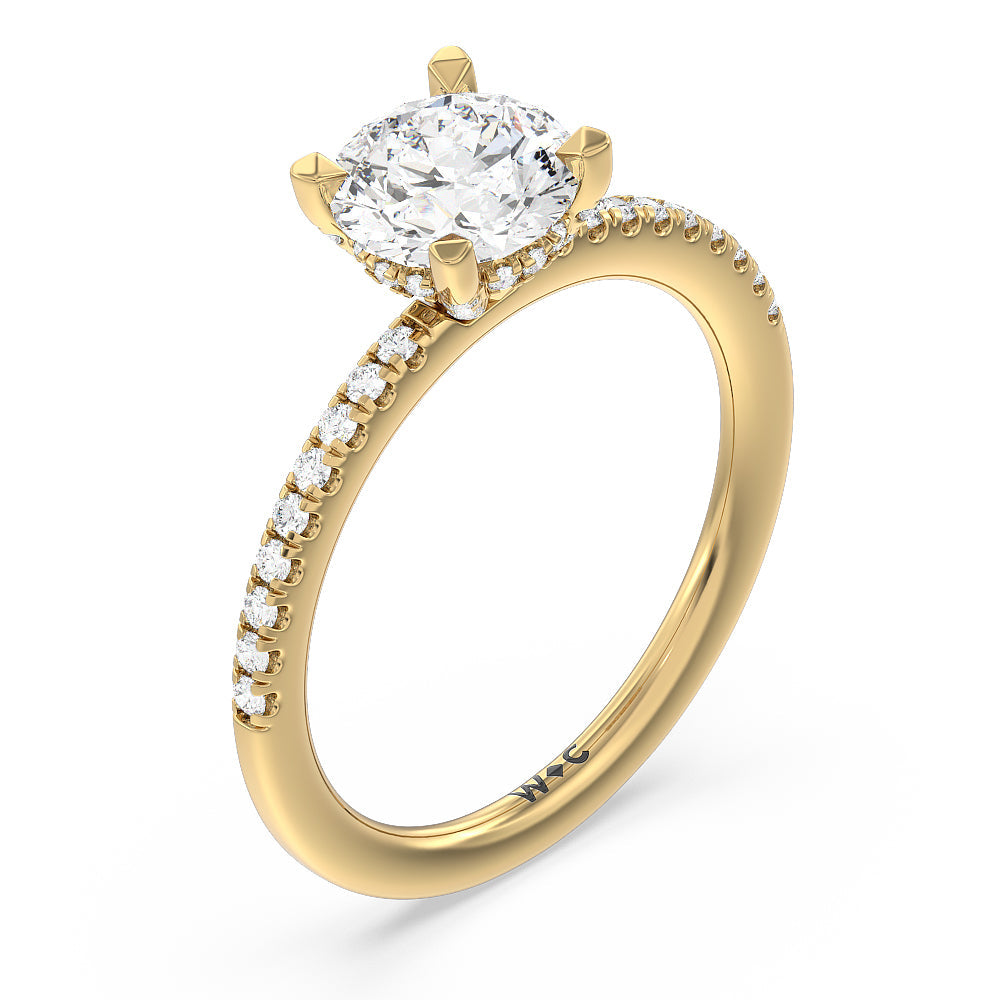 Studded Prong Hidden Halo Pave Shank Engagement Ring with Round Cut Diamond in 14KT Yellow Gold view 3
