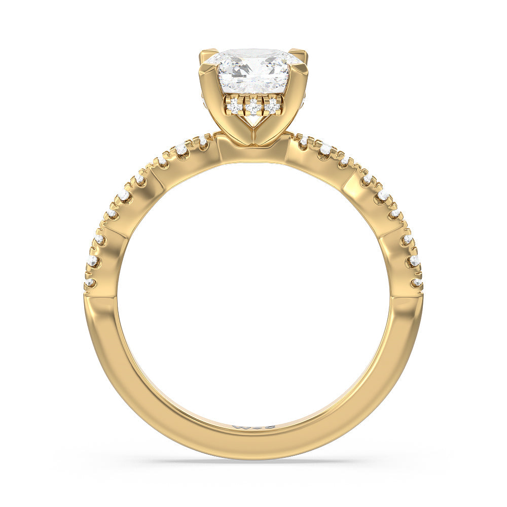 Cushion Cut Modern East West Hidden Halo Engagement Ring with Lab Grown Diamond in 14KT Yellow Gold view 2
