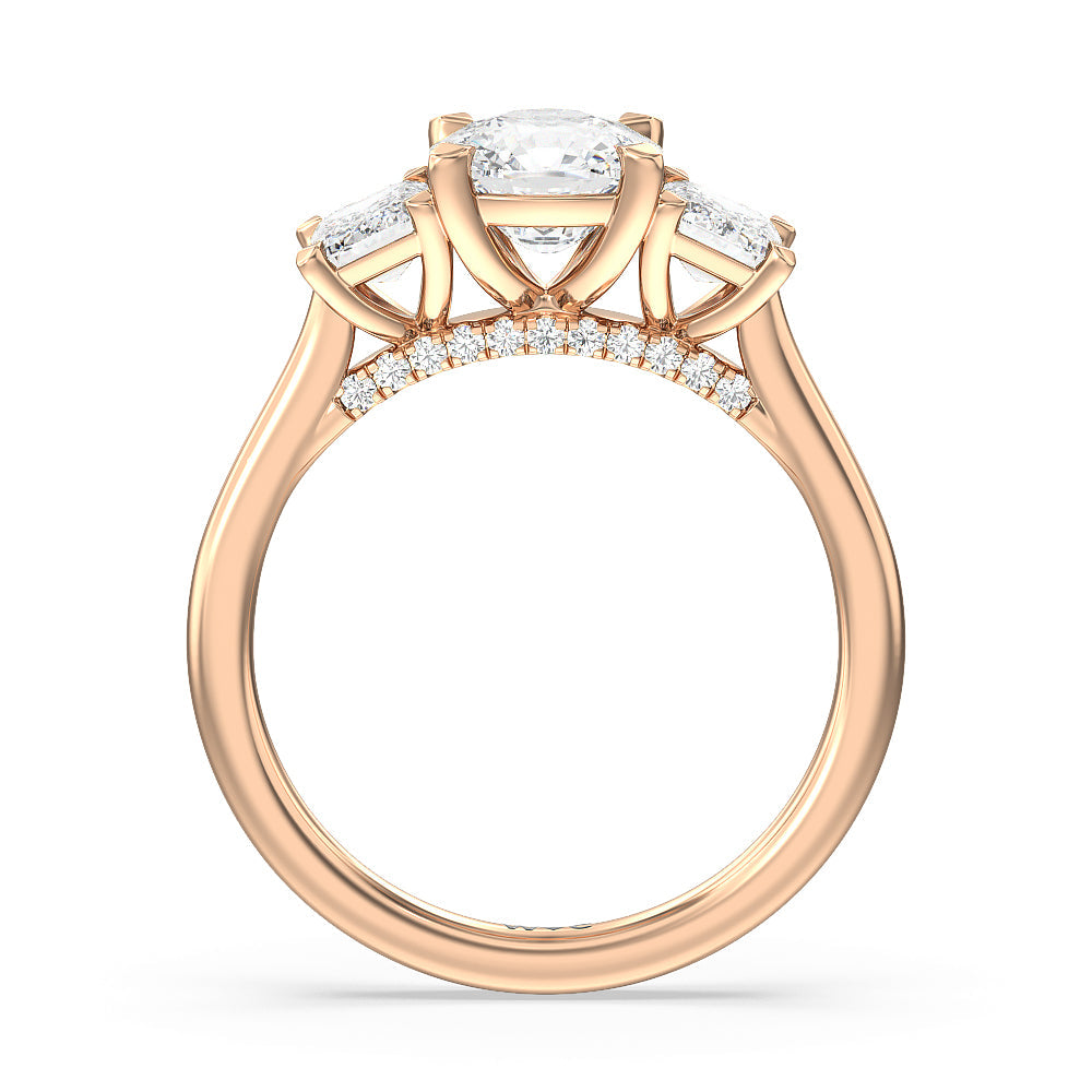 Cushion Cut Three Stone Hidden Accent Bridge Classic Diamond Engagement Ring with Lab Grown Diamond in 14KT Rose Gold view 3
