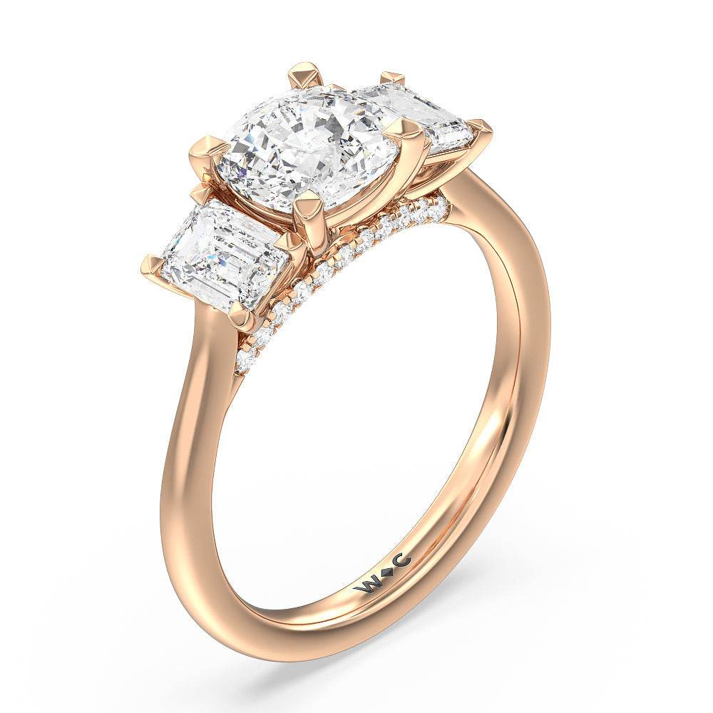 Cushion Cut Three Stone Hidden Accent Bridge Classic Diamond Engagement Ring with Lab Grown Diamond in 14KT Rose Gold view 4
