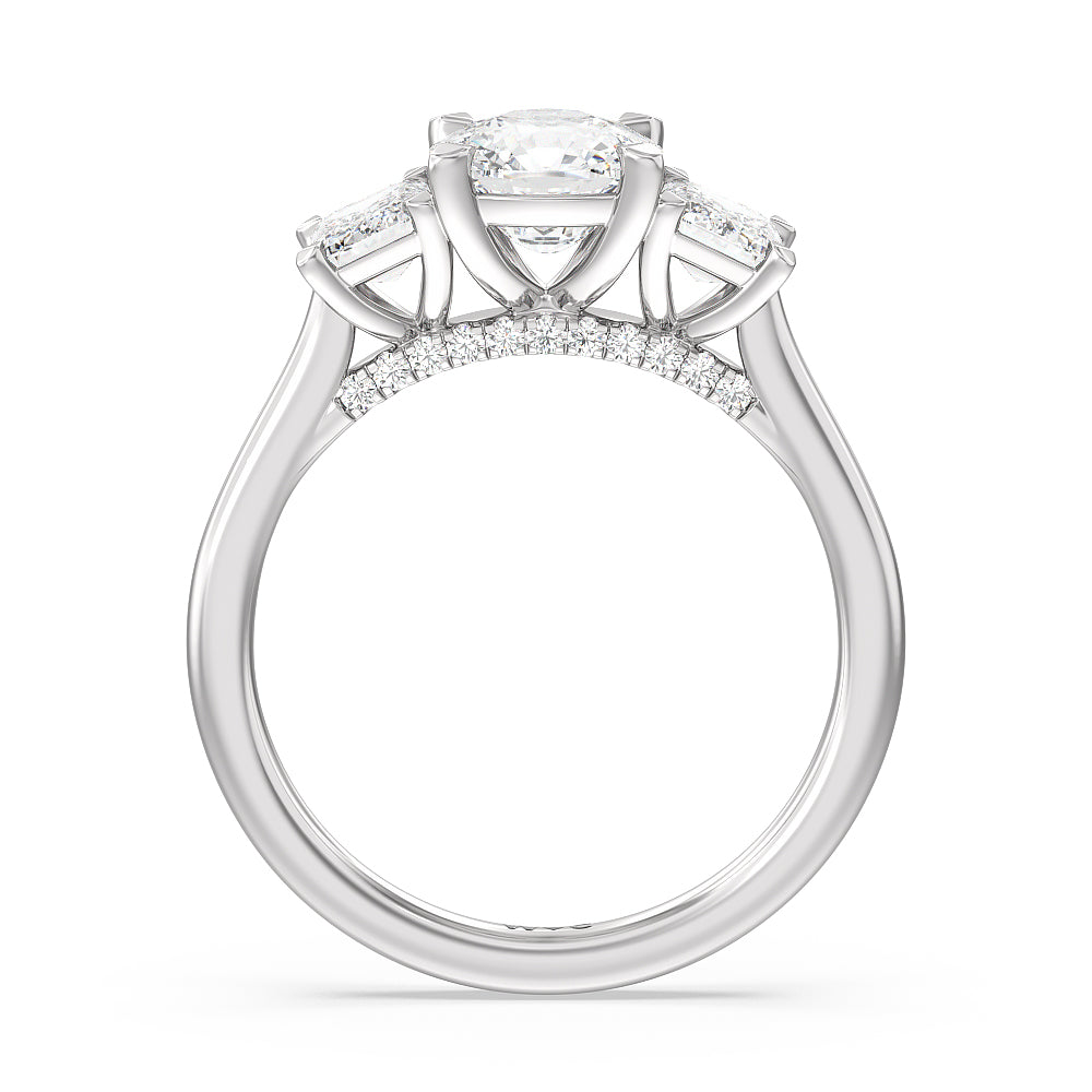 Cushion Cut Three Stone Hidden Accent Bridge Classic Diamond Engagement Ring with Lab Grown Diamond in 14KT Platinum view 3
