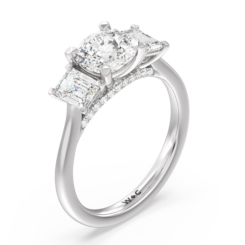 Cushion Cut Three Stone Hidden Accent Bridge Classic Diamond Engagement Ring with Lab Grown Diamond in 14KT Platinum view 4
