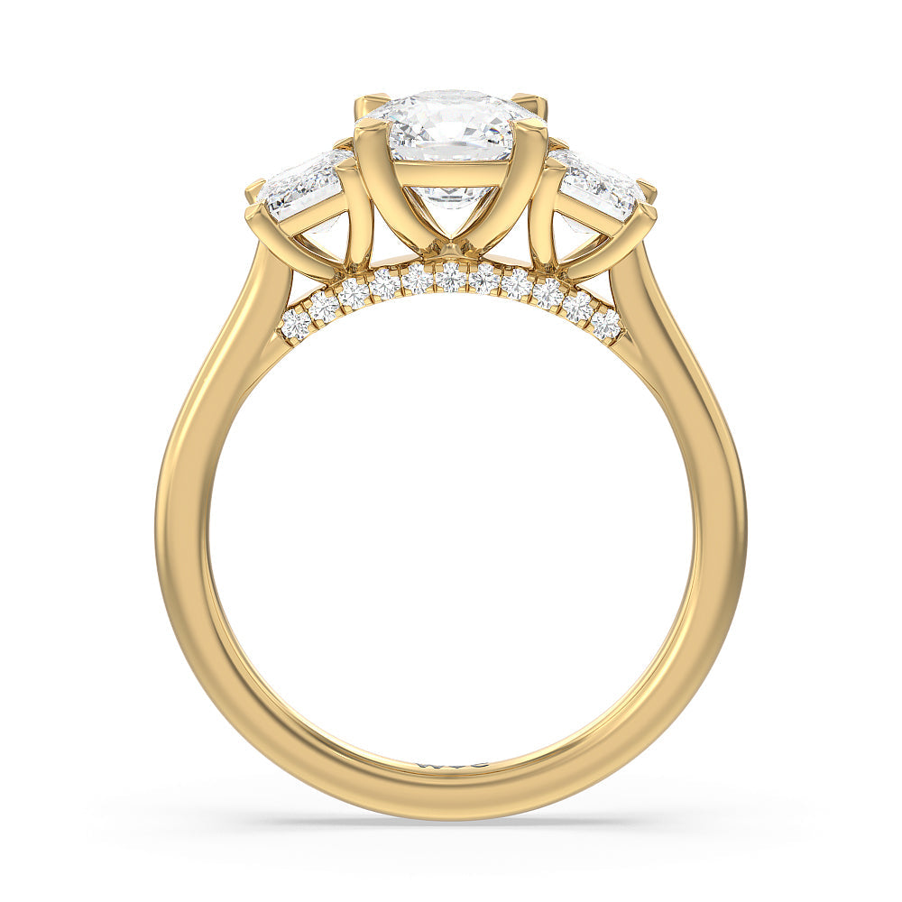 Cushion Cut Three Stone Hidden Accent Bridge Classic Diamond Engagement Ring with Lab Grown Diamond in 14KT Yellow Gold view 3

