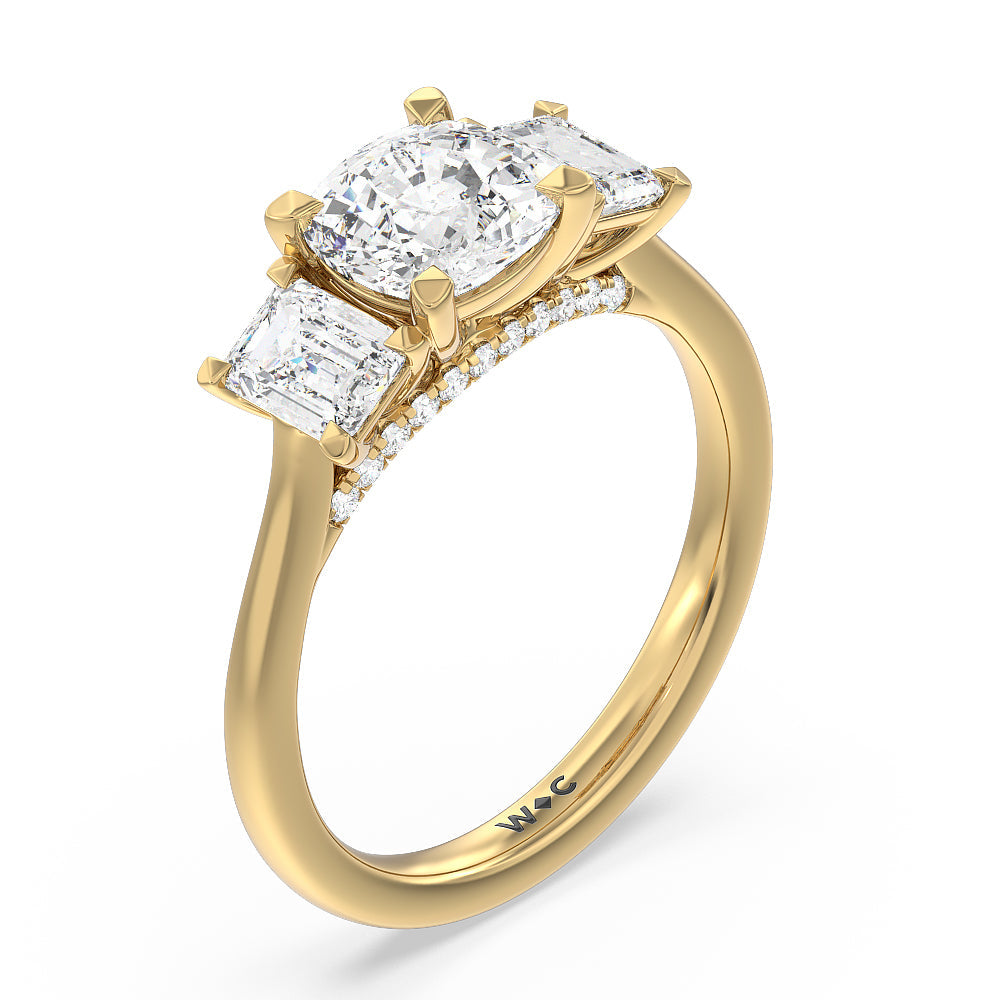 Cushion Cut Three Stone Hidden Accent Bridge Classic Diamond Engagement Ring with Lab Grown Diamond in 14KT Yellow Gold view 4

