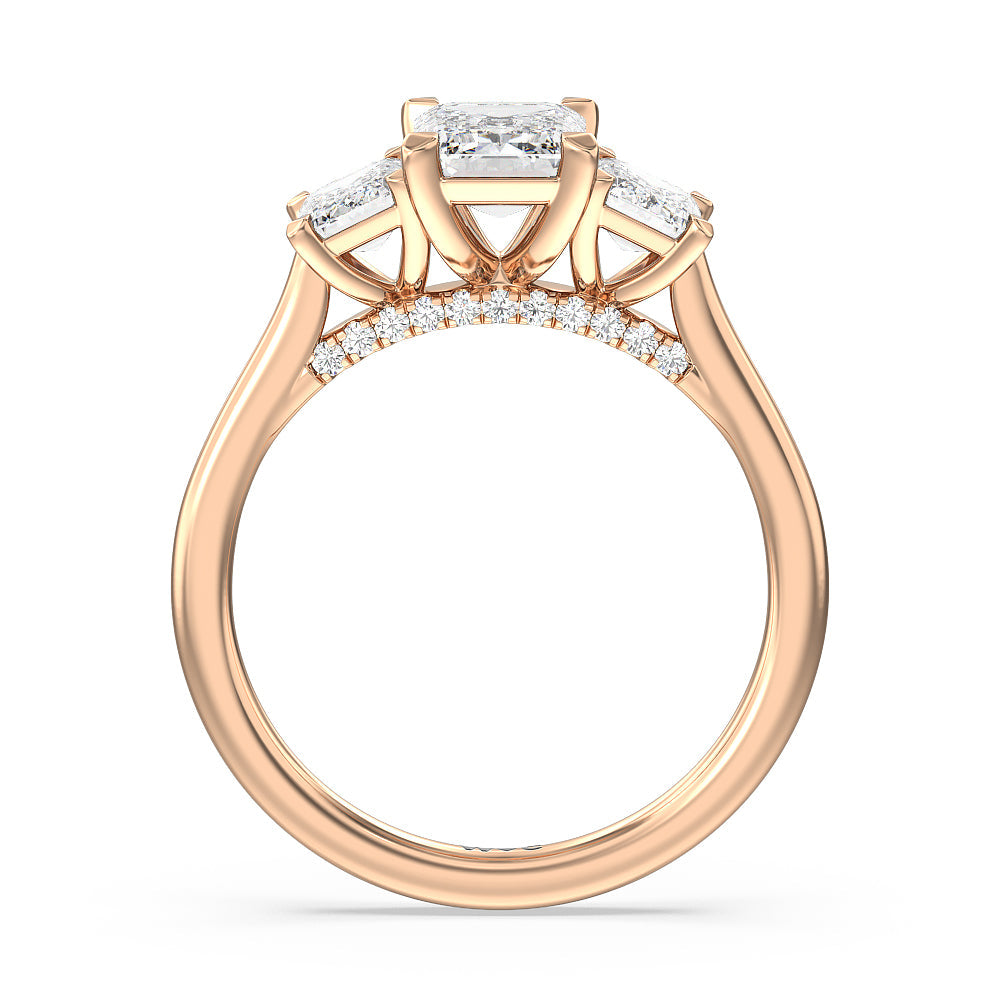 Emerald Cut Three Stone Hidden Accent Bridge Classic Diamond Engagement Ring with Lab Grown Diamond in 14KT Rose Gold view 3
