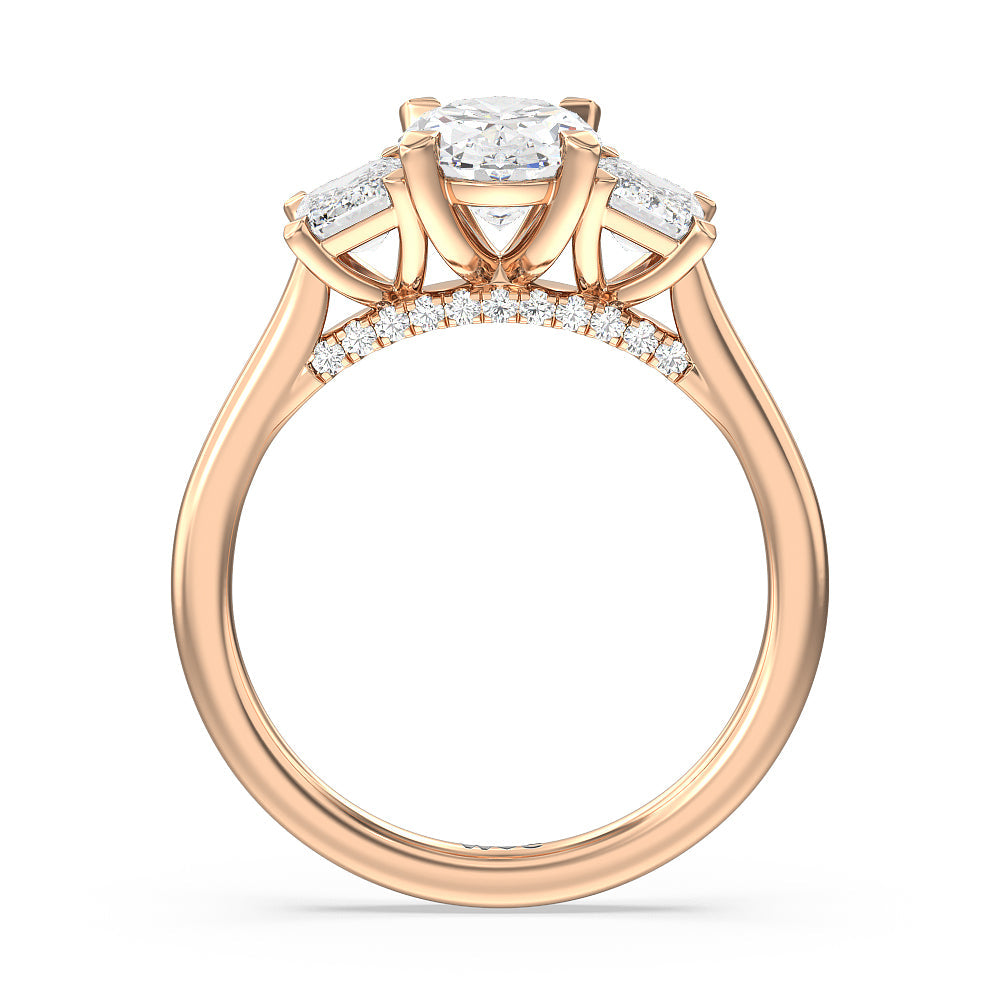 Oval Cut Three Stone Hidden Accent Bridge Classic Diamond Engagement Ring with Lab Grown Diamond in 14KT Rose Gold view 3
