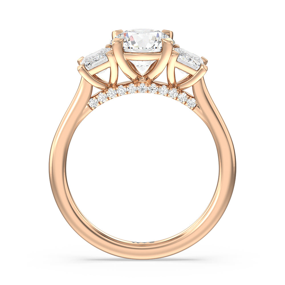 Round Cut Three Stone Hidden Accent Bridge Classic Diamond Engagement Ring with Lab Grown Diamond in 14KT Rose Gold view 3
