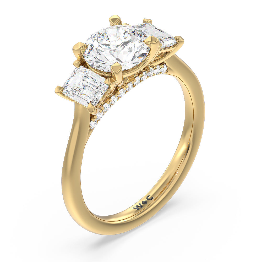 Round Cut Three Stone Hidden Accent Bridge Classic Diamond Engagement Ring with Lab Grown Diamond in 14KT Yellow Gold view 4
