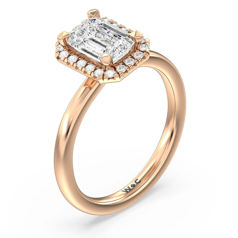 Seamless Plain Shank Halo Engagement Ring with Emerald Cut Diamond in 14KT Rose Gold view 3
