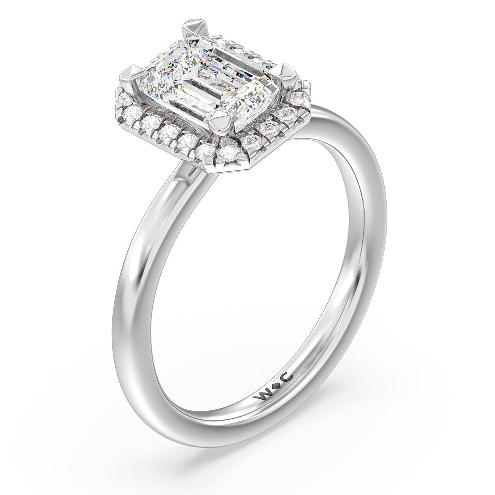 Seamless Plain Shank Halo Engagement Ring with Emerald Cut Diamond in 14KT Platinum view 3
