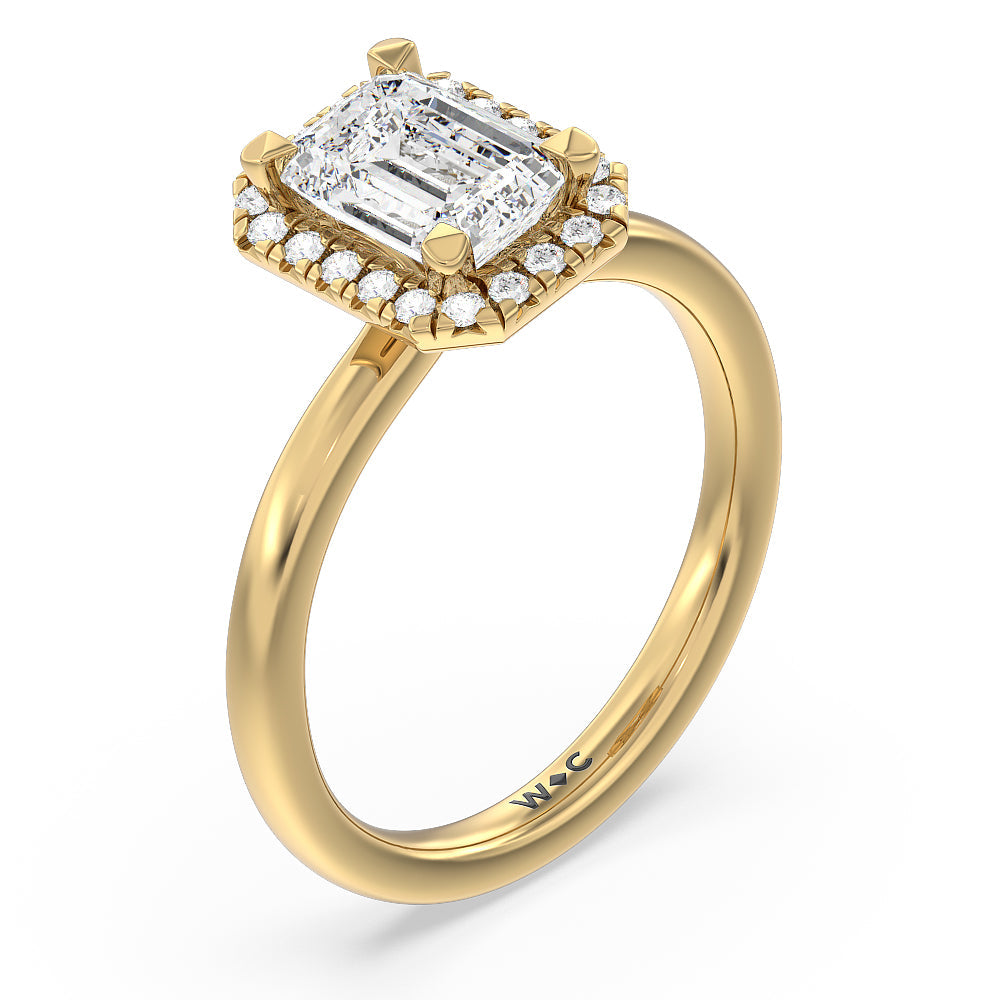 Seamless Plain Shank Halo Engagement Ring with Emerald Cut Diamond in 14KT Yellow Gold view 3
