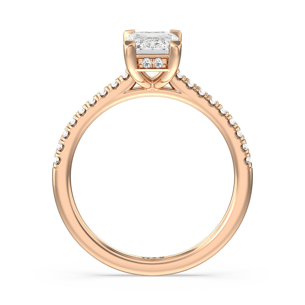 Channel Set Hidden Halo Engagement Ring with Emerald Cut Diamond in 14KT Rose Gold view 2

