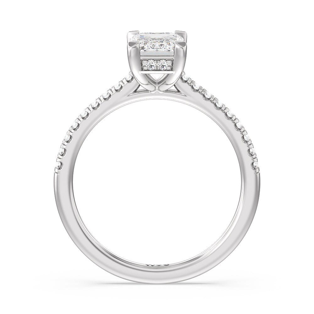 Channel Set Hidden Halo Engagement Ring with Emerald Cut Diamond in 14KT Platinum view 2
