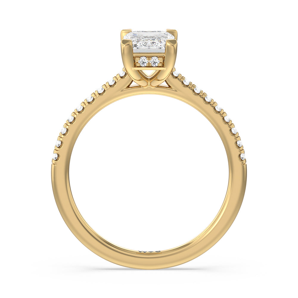 Channel Set Hidden Halo Engagement Ring with Emerald Cut Diamond in 14KT Yellow Gold view 2
