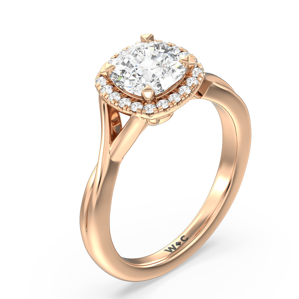 Cushion Cut Criss Cross Shank Halo Engagement Ring with Lab Grown Diamond in 14KT Rose Gold view 3
