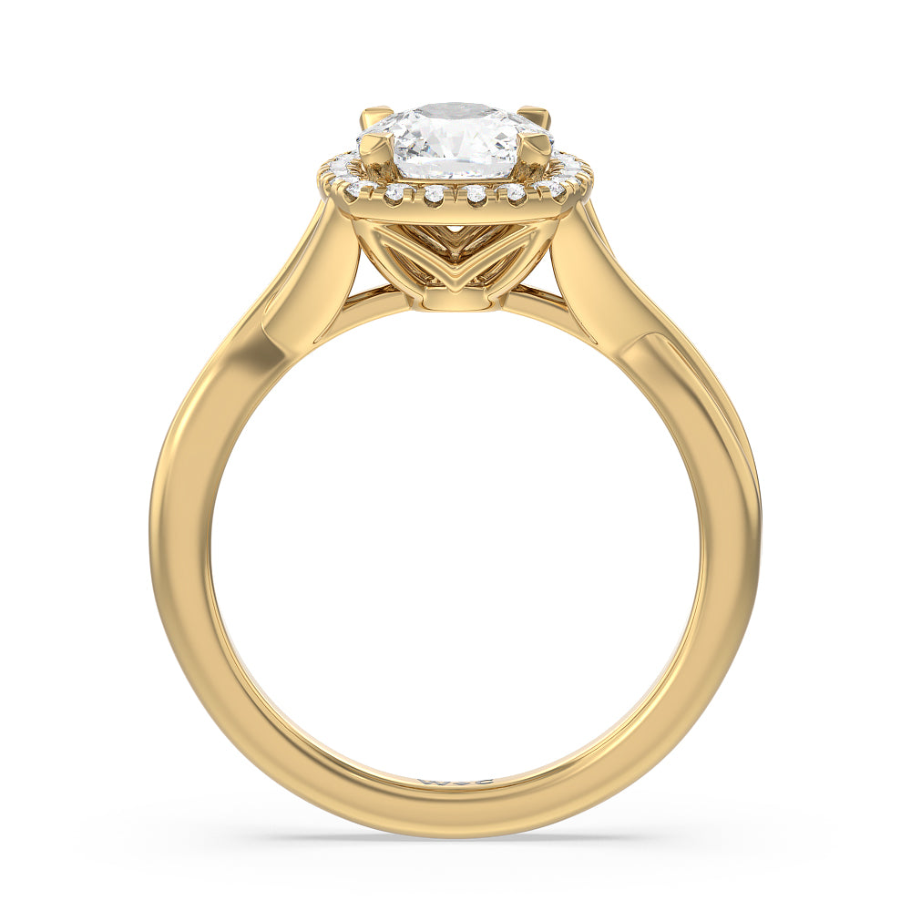 Cushion Cut Criss Cross Shank Halo Engagement Ring with Lab Grown Diamond in 14KT Yellow Gold view 2
