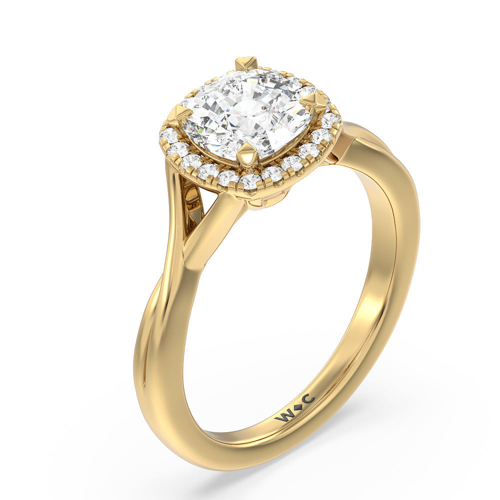 Cushion Cut Criss Cross Shank Halo Engagement Ring with Lab Grown Diamond in 14KT Yellow Gold view 3
