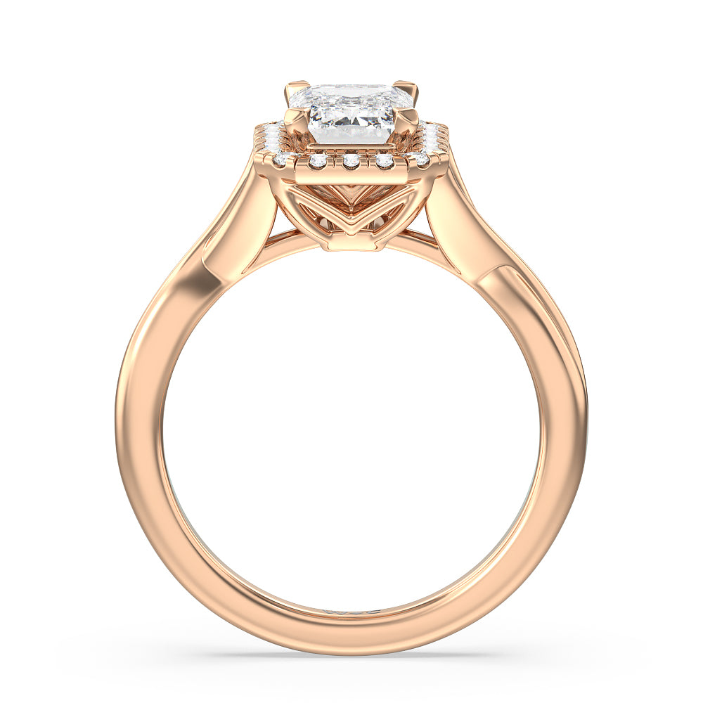 Emerald Cut Criss Cross Shank Halo Engagement Ring with Lab Grown Diamond in 14KT Rose Gold view 2
