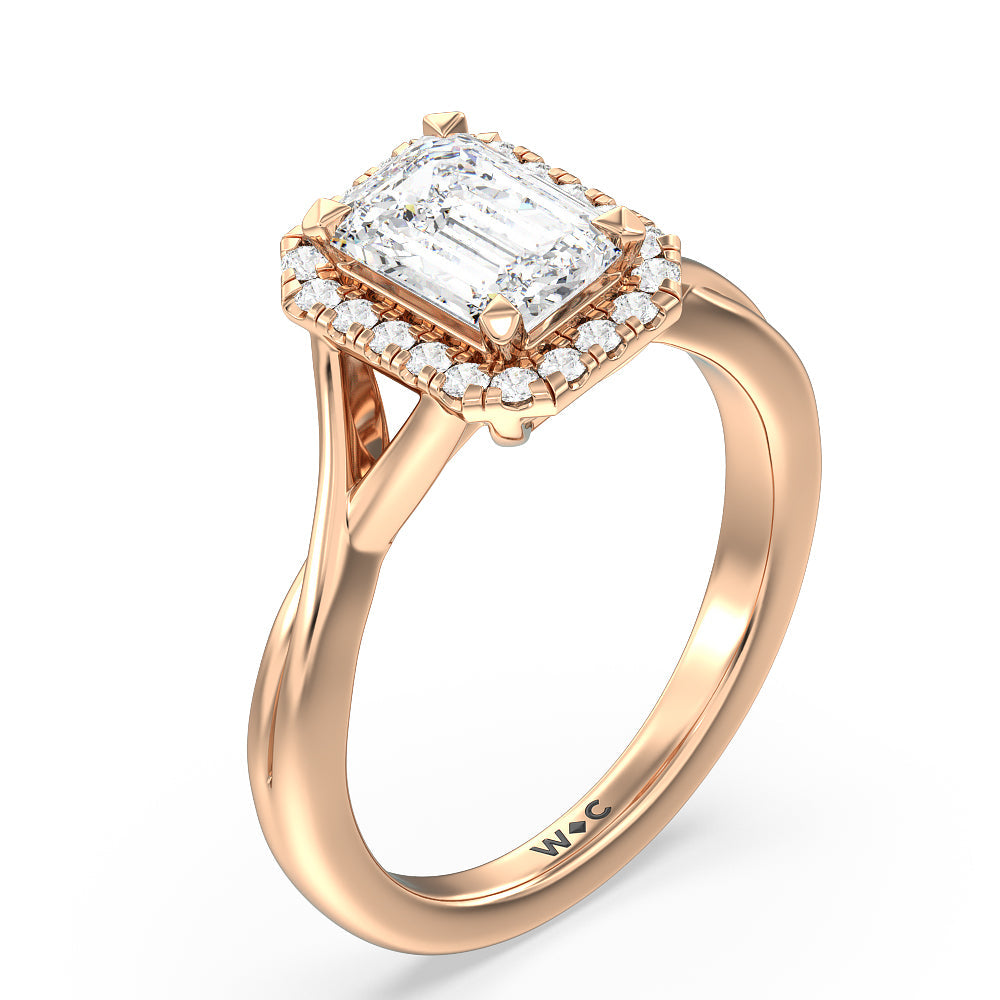 Emerald Cut Criss Cross Shank Halo Engagement Ring with Lab Grown Diamond in 14KT Rose Gold view 3
