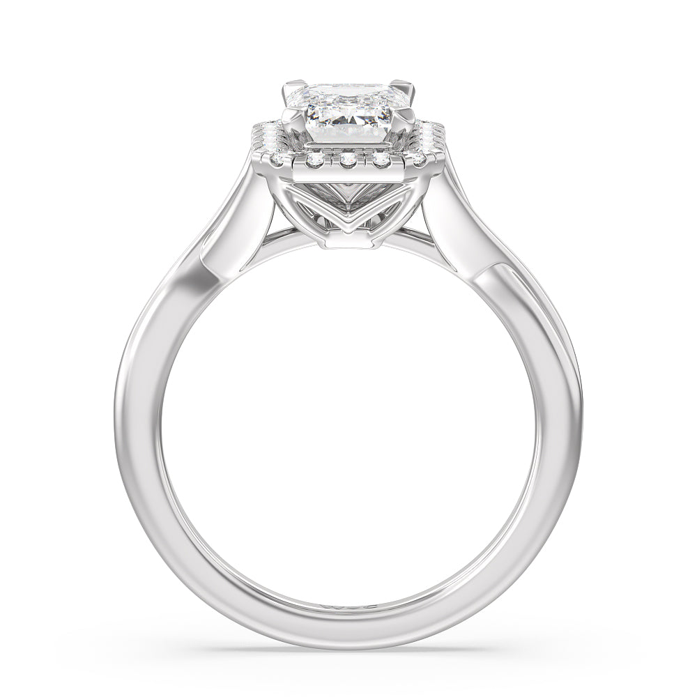 Emerald Cut Criss Cross Shank Halo Engagement Ring with Lab Grown Diamond in 14KT Platinum view 2
