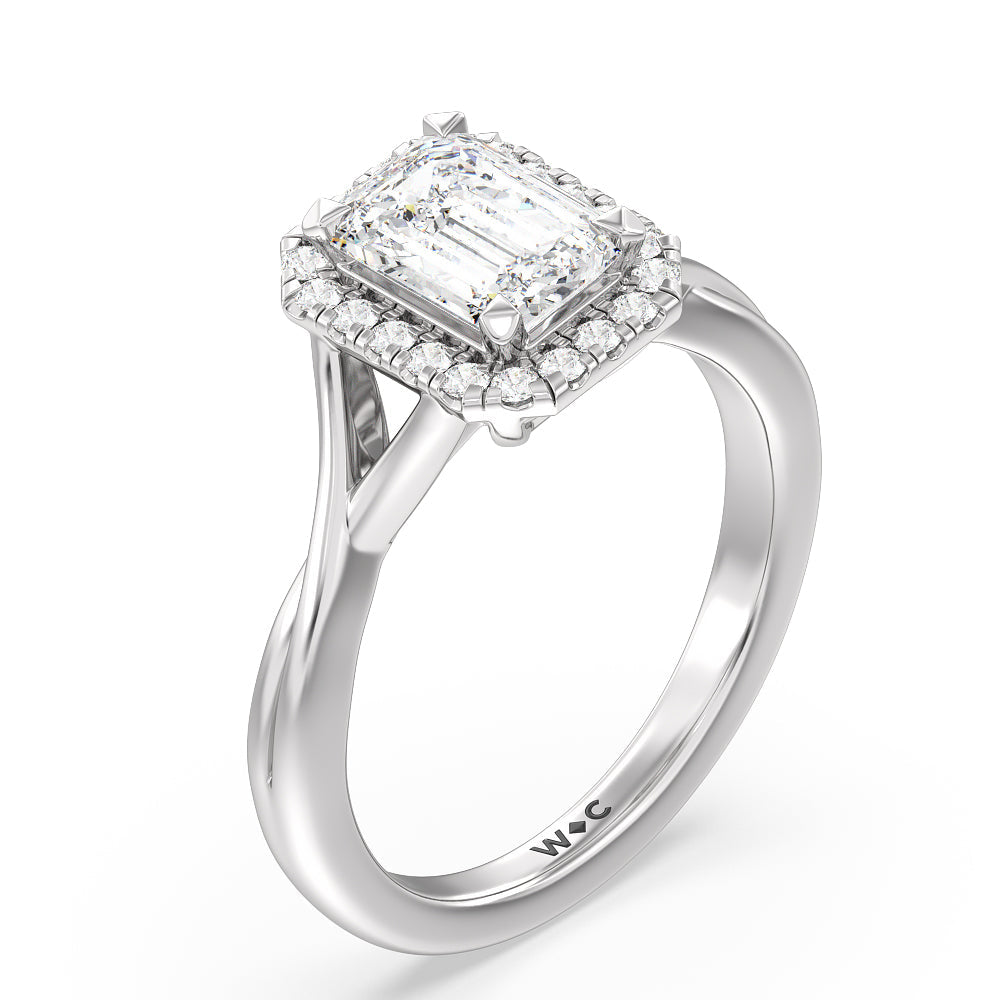 Emerald Cut Criss Cross Shank Halo Engagement Ring with Lab Grown Diamond in 14KT Platinum view 3
