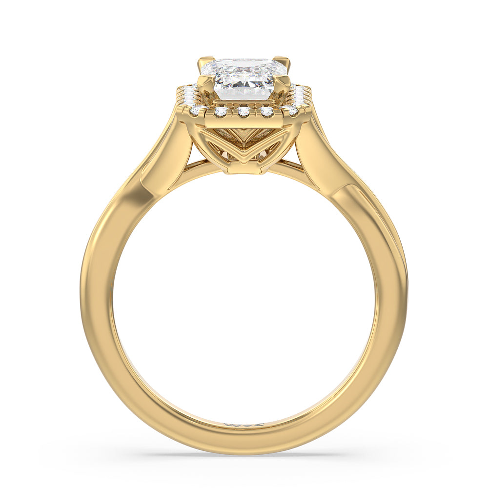 Emerald Cut Criss Cross Shank Halo Engagement Ring with Lab Grown Diamond in 14KT Yellow Gold view 2
