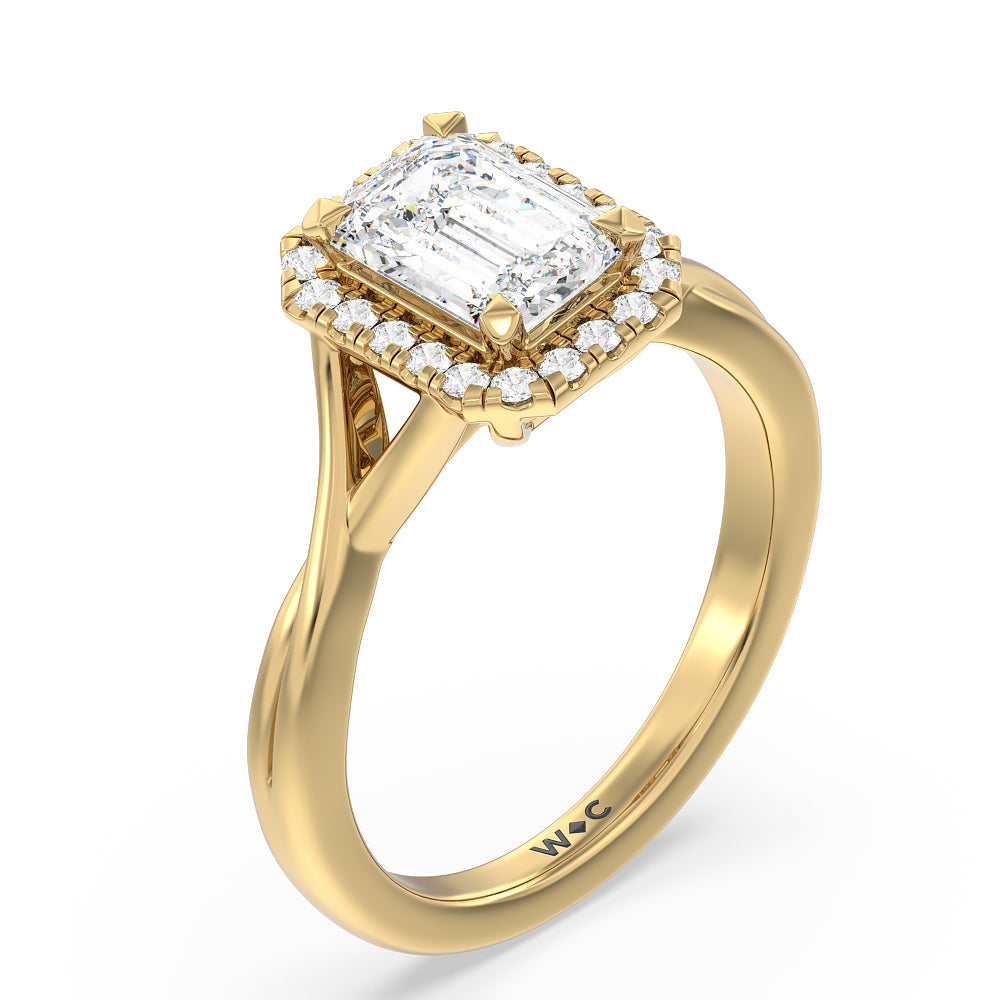 Emerald Cut Criss Cross Shank Halo Engagement Ring with Lab Grown Diamond in 14KT Yellow Gold view 3
