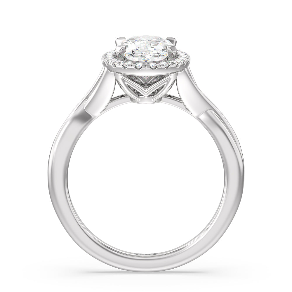 Oval Cut Criss Cross Shank Halo Engagement Ring with Lab Grown Diamond in 14KT Platinum view 2
