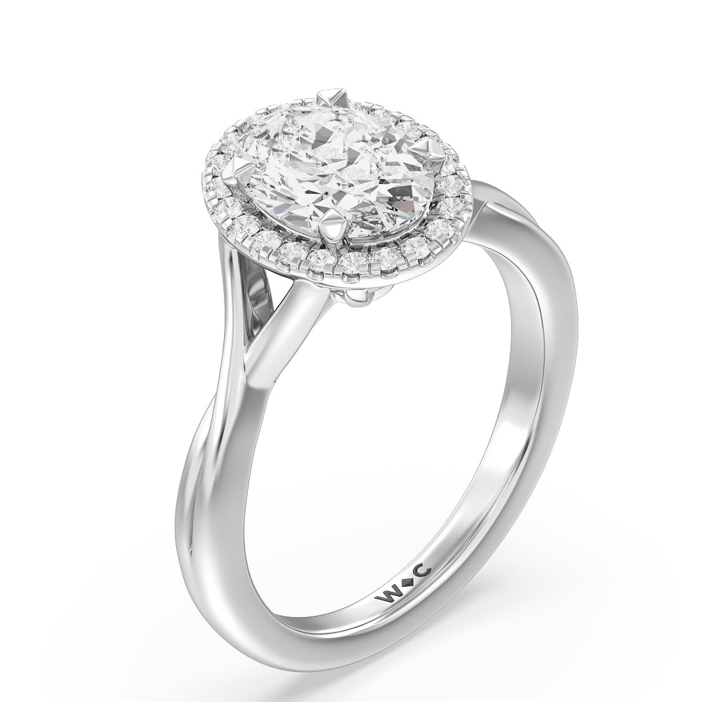 Oval Cut Criss Cross Shank Halo Engagement Ring with Lab Grown Diamond in 14KT Platinum view 3
