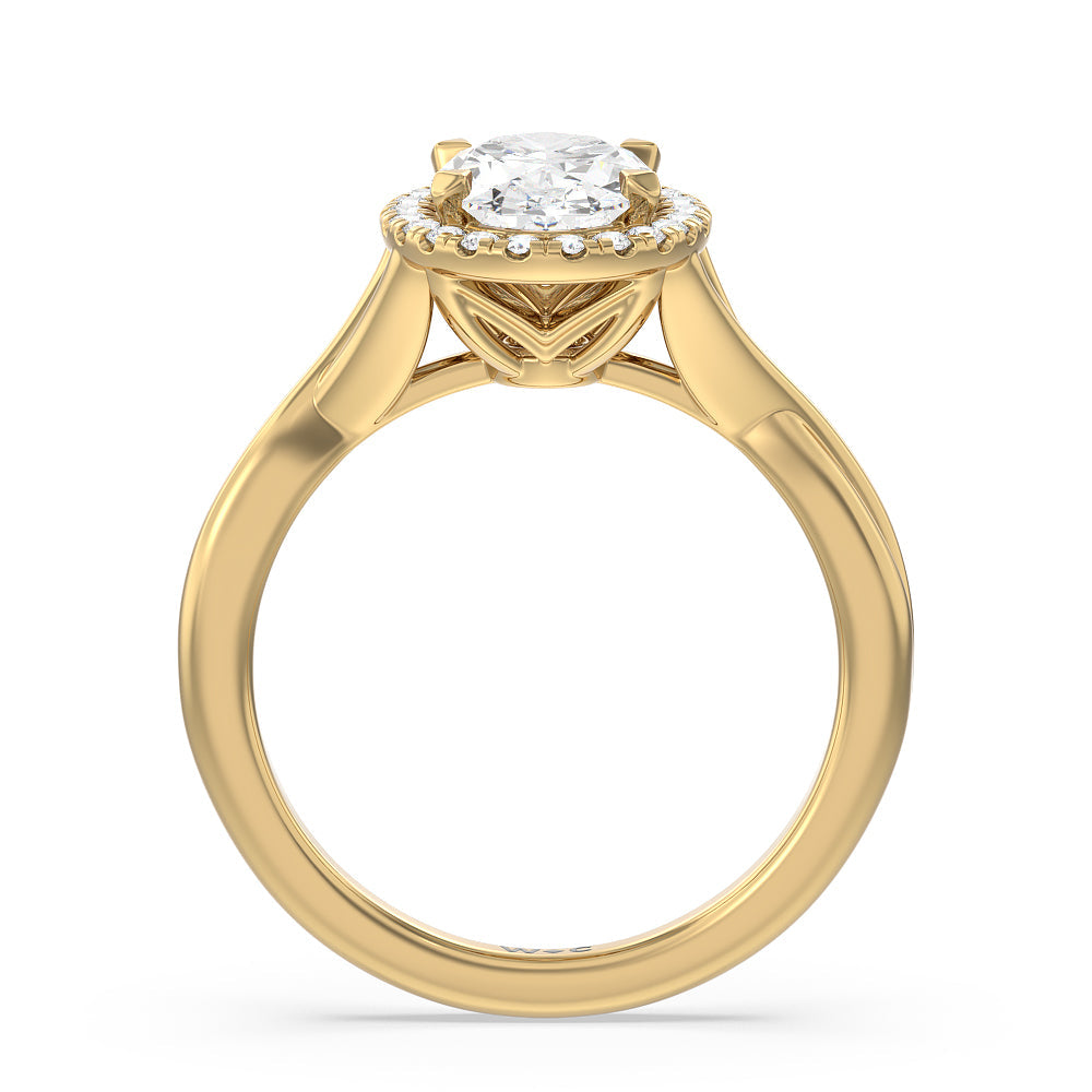 Oval Cut Criss Cross Shank Halo Engagement Ring with Lab Grown Diamond in 14KT Yellow Gold view 2
