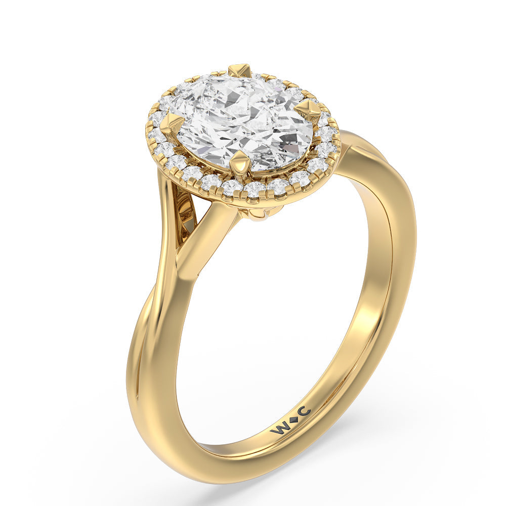 Oval Cut Criss Cross Shank Halo Engagement Ring with Lab Grown Diamond in 14KT Yellow Gold view 3
