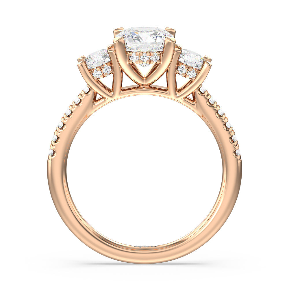 Three Stone Hidden Halo Cathedral Engagement Ring with Cushion Cut Diamond in 14KT Rose Gold view 2
